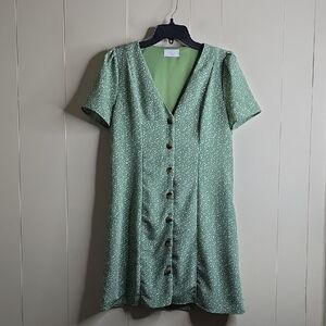 Sage The Label Green Puff Sleeve V-Neck Mini Sundress Medium